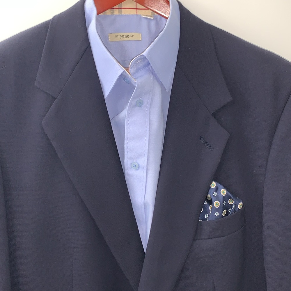 Burberry’s Size 48 L US Blazer in Navy Blue and Gold Buttons.